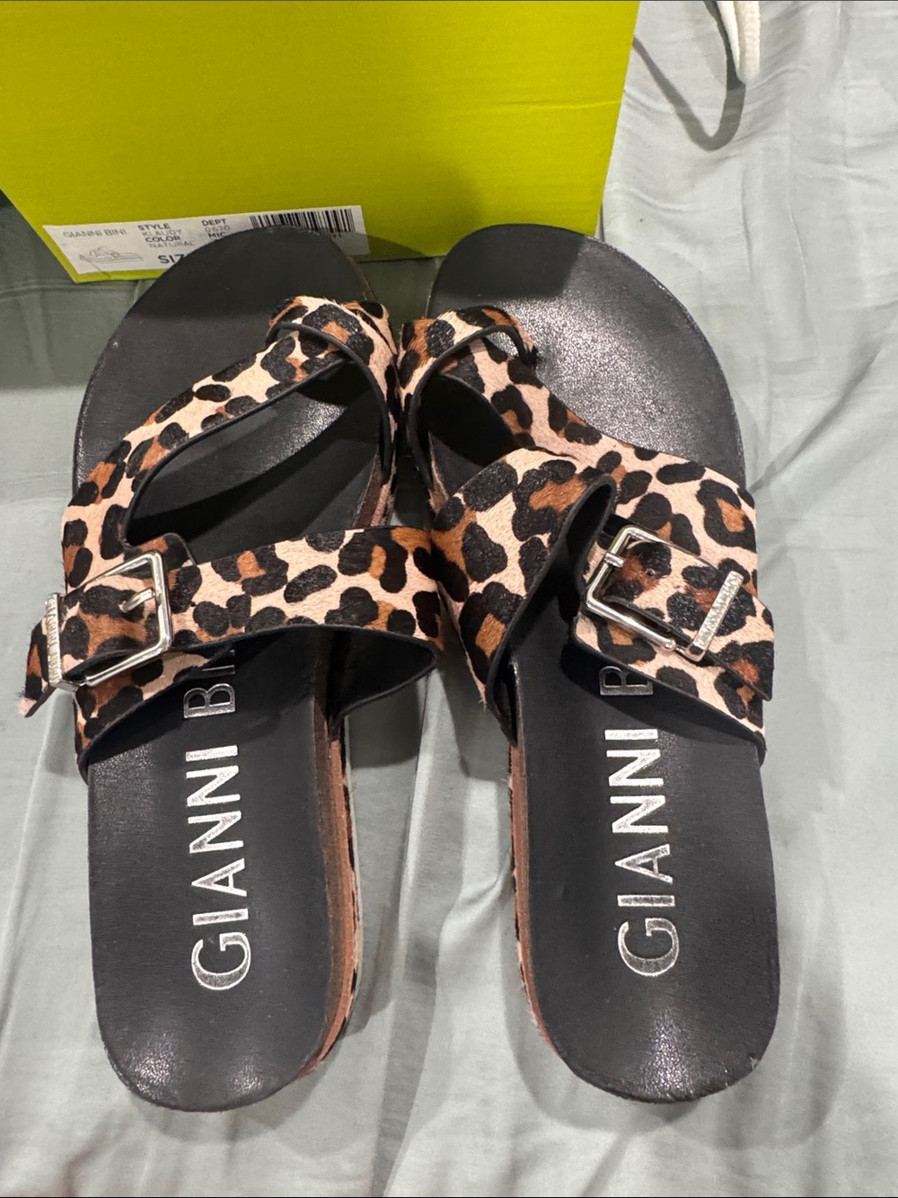 Gianni Bini Leopard Print Buckle Slide Sandals - Black & Brown